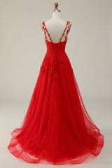 Prom Dresses With Shorts Underneath, A Line Spaghetti Straps Red Long Prom Dress with Appliques
